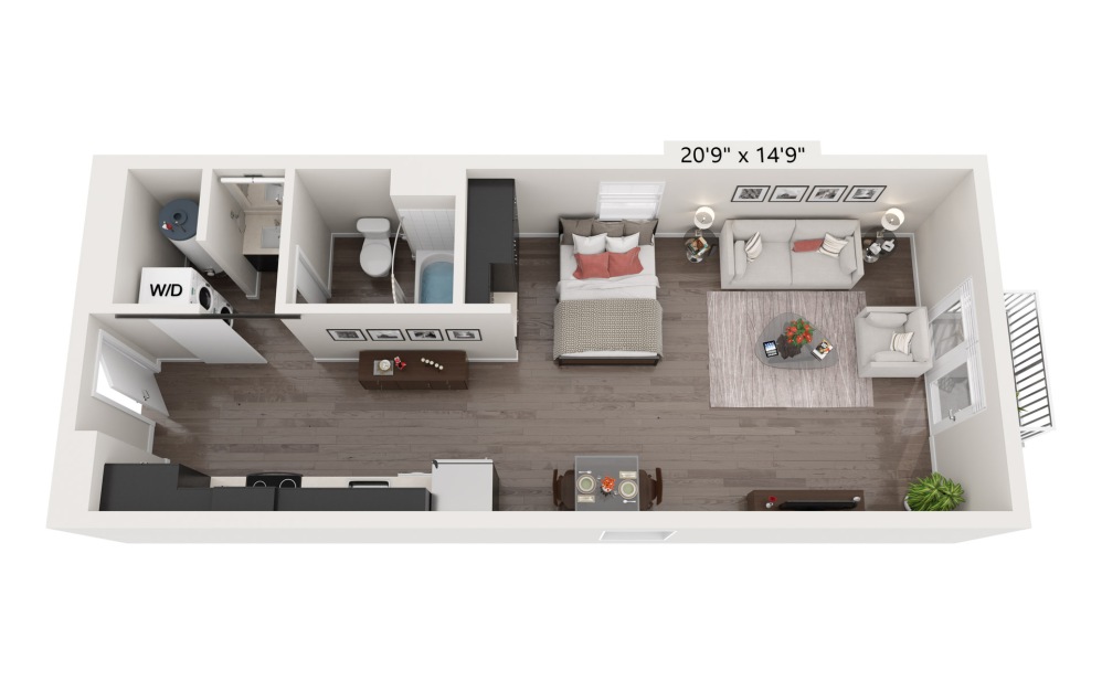 Studio - Studio floorplan layout with 1 bathroom and 528 - 691 square feet (568 sq. ft., 3D)