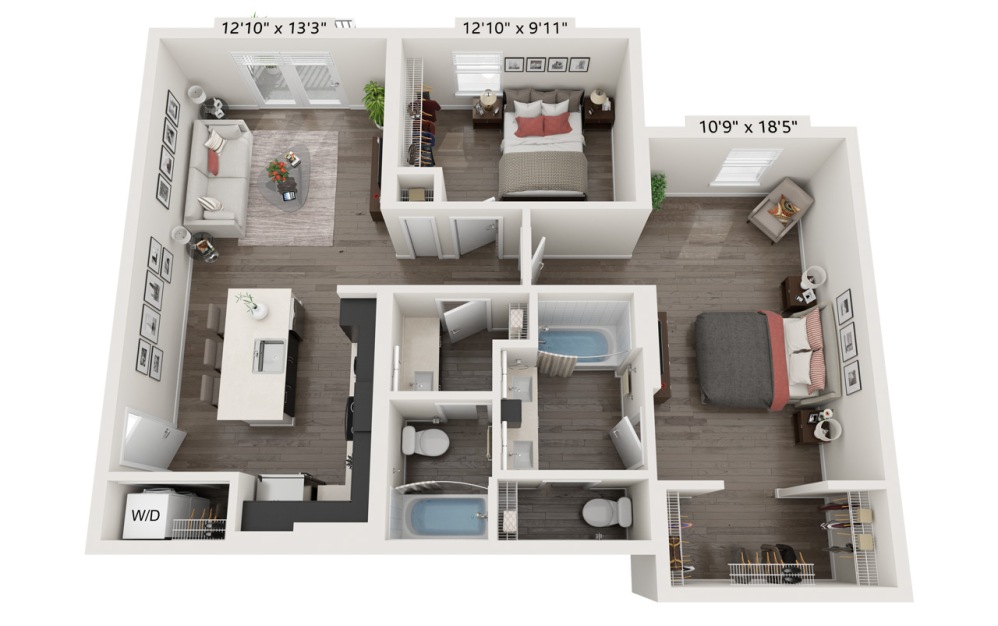 2 Bedrooms - 2 bedroom floorplan layout with 2 bathrooms and 973 - 1308 square feet (Layout 1
)