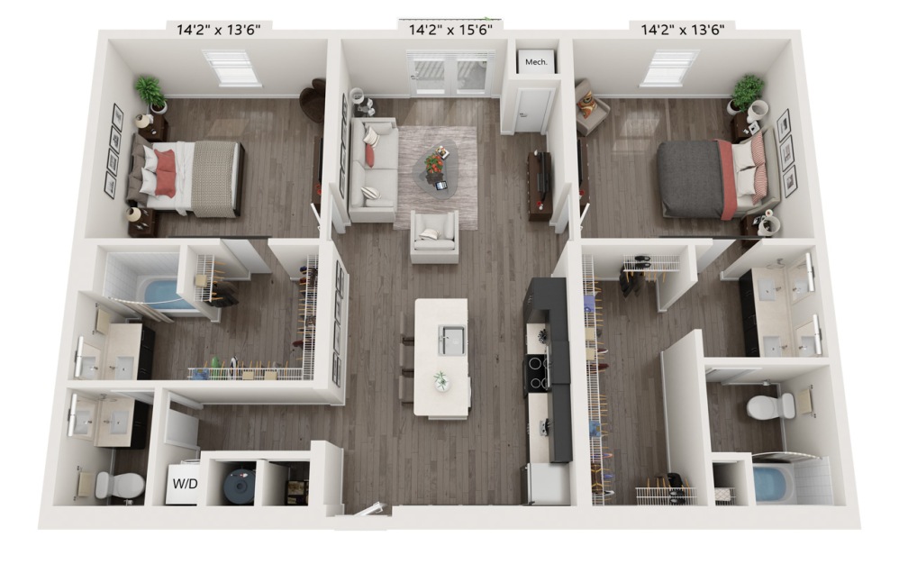 2 Bedrooms - 2 bedroom floorplan layout with 2 bathrooms and 973 - 1308 square feet (Layout 2)