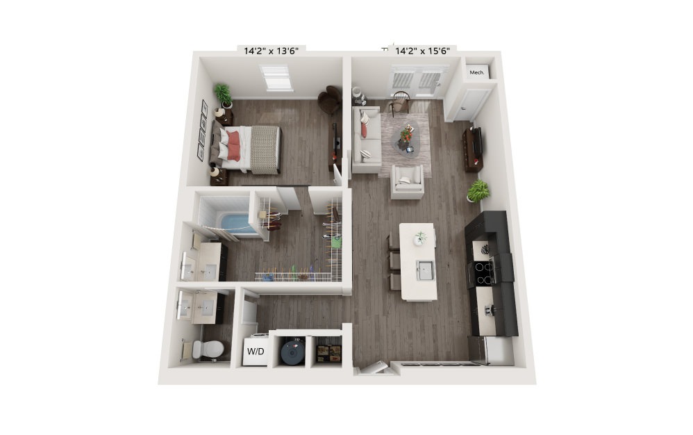 A2 - 1 bedroom floorplan layout with 1 bath and 807 square feet.