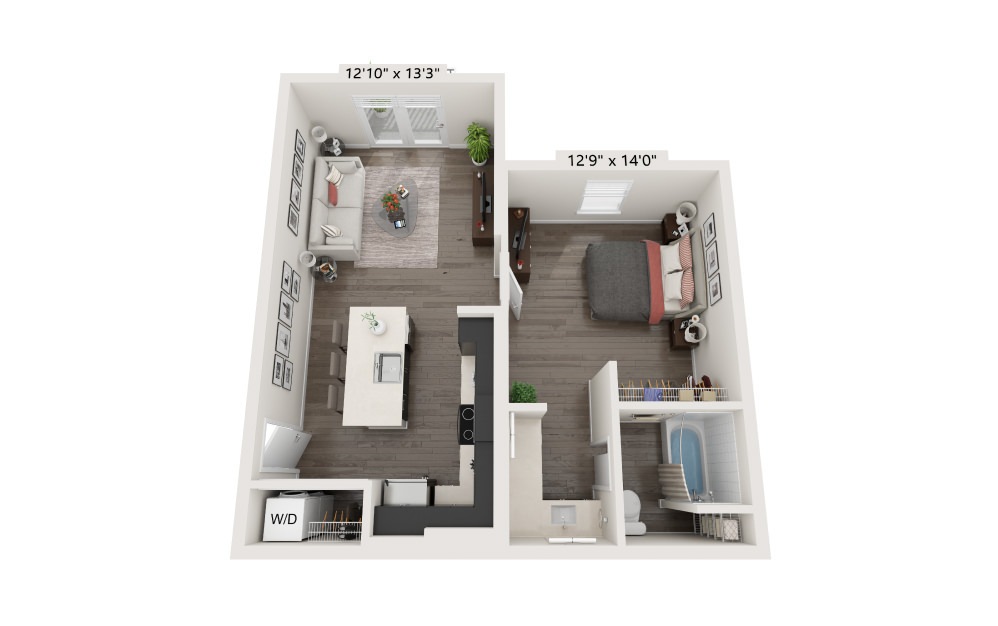A1 - 1 bedroom floorplan layout with 1 bath and 670 square feet.