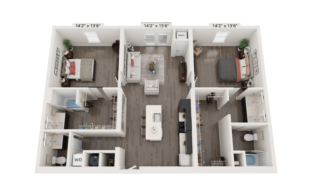 B2 - 2 bedroom floorplan layout with 2 baths and 1215 square feet.