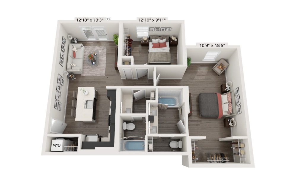 B1 - 2 bedroom floorplan layout with 2 baths and 1048 square feet.