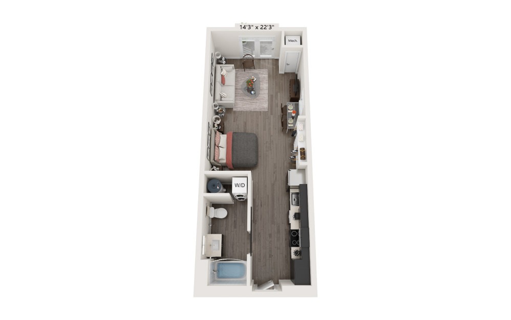 S1 - Studio floorplan layout with 1 bath and 508 square feet.